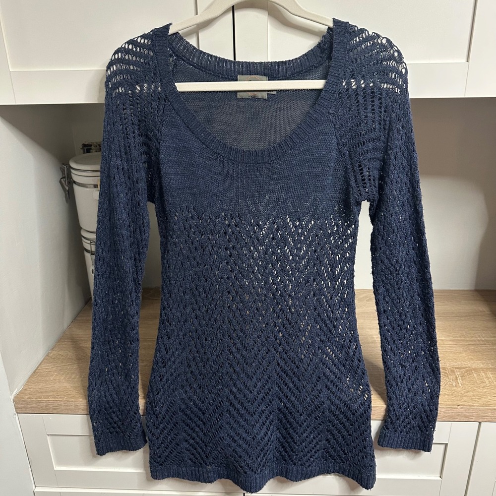 Y2K Blue Open Knit Sweater Women XL Pointelle Chevron Scoop Neck Babydoll Boho